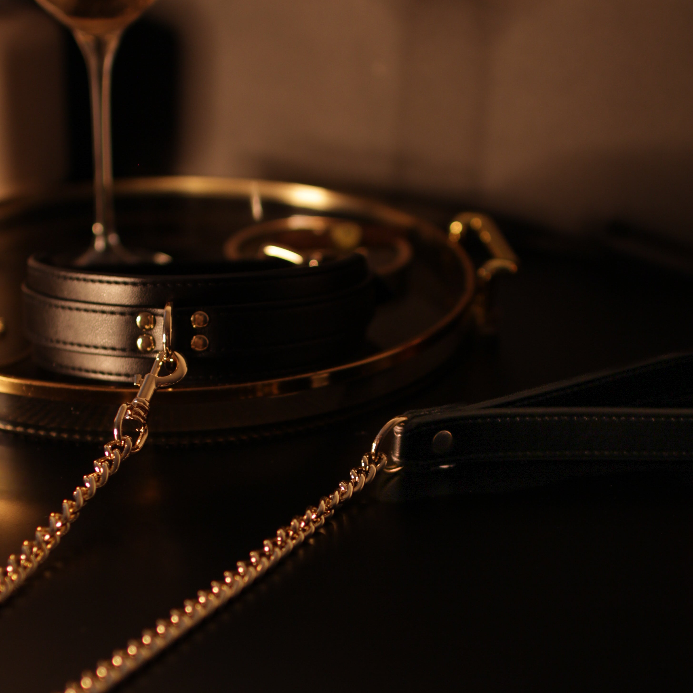 Close-up of a black leather collar with gold chain strap on a dark background
